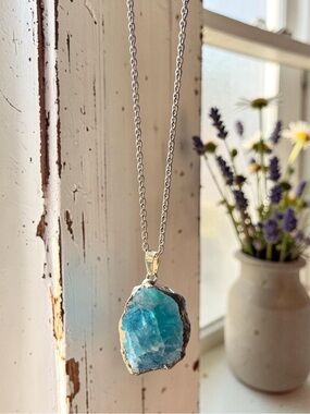 BLUE/GREEN FLUORITE 14k gold plated natural raw cut stone pendant necklace NEW